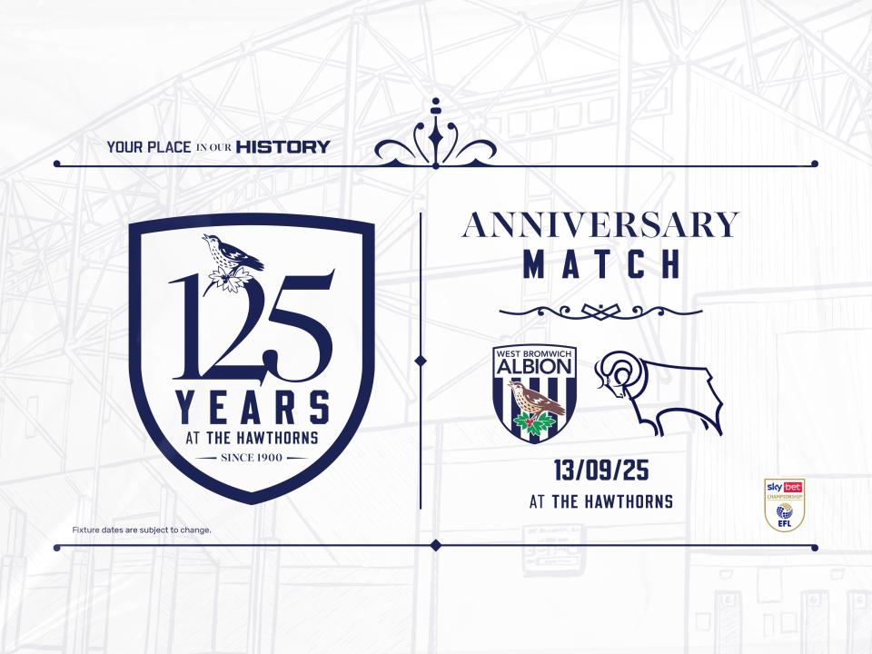 A graphic displaying information for Albion's 125th Hawthorns anniversary match against Derby County