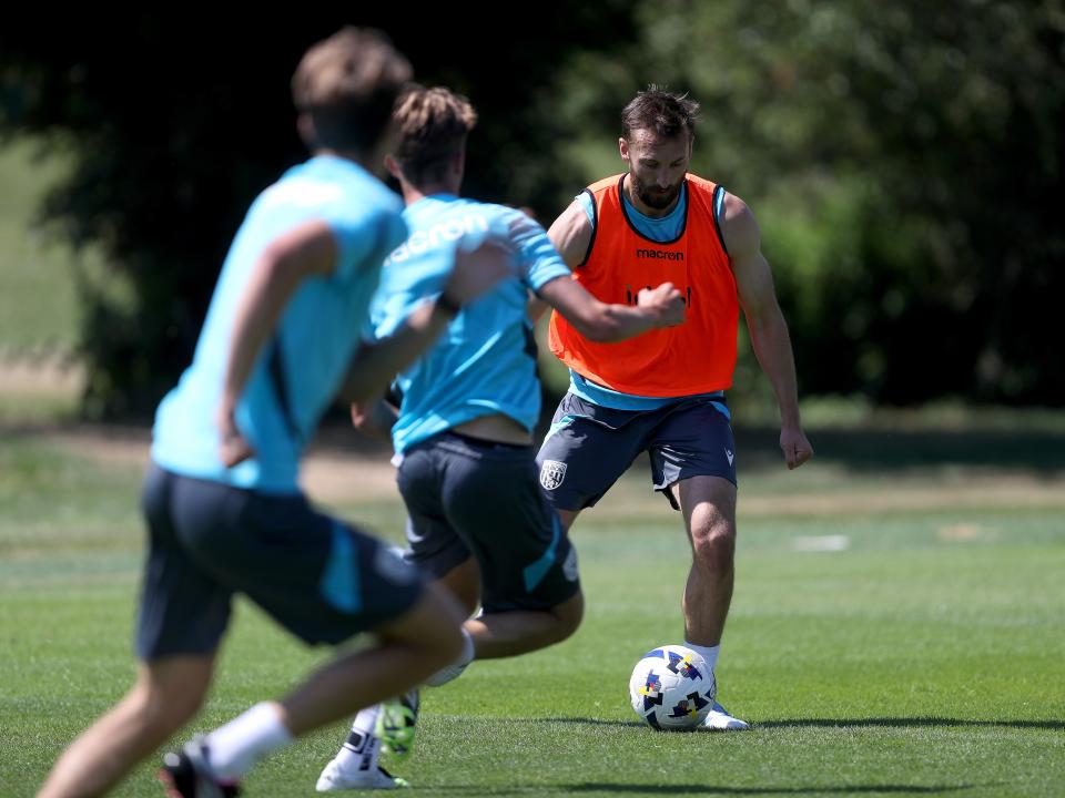 Nat Phillips on the ball during a training session