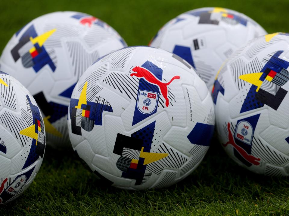 A general view of five new EFL footballs on the ground 