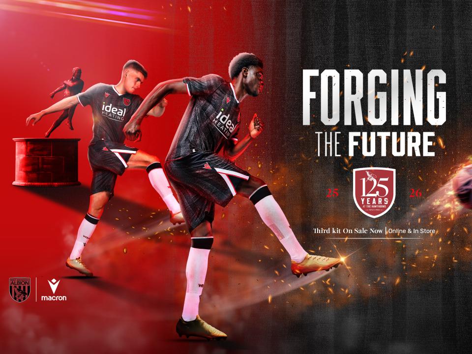 A black and red graphic that says 'forging the future' as Albion launch their new Black Country-inspired third kit