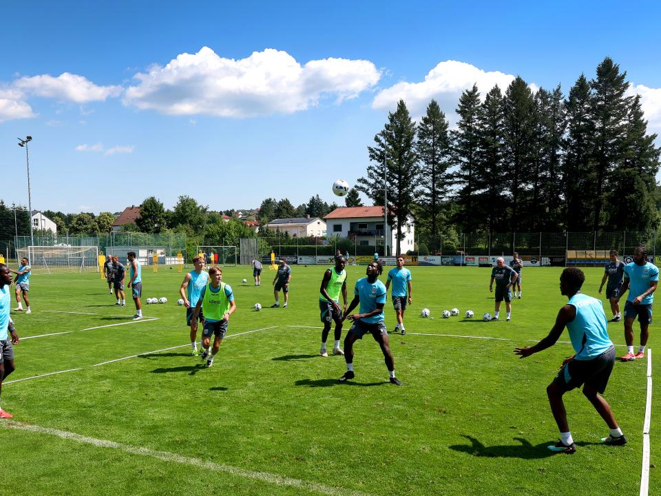 Several players involved in a small-sided game in training