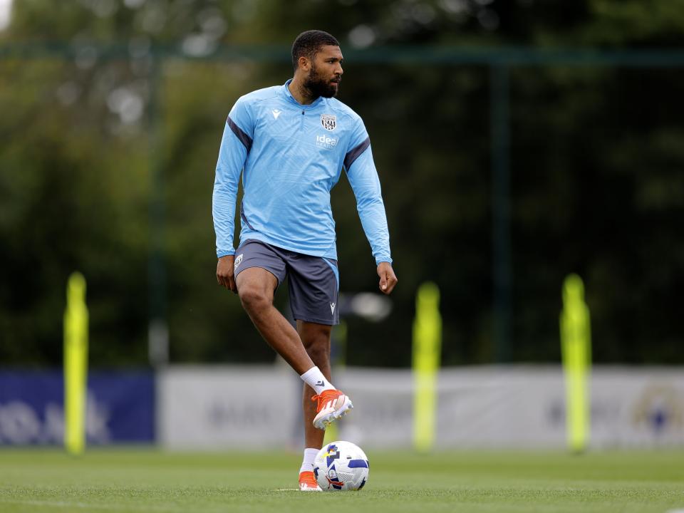 George Campbell with one foot on the ball during training 