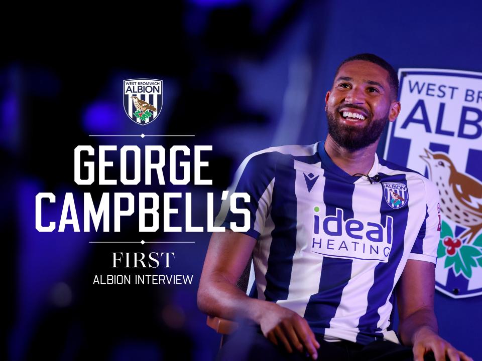 George Campbell is interviewed by WBA TV with the text 'George Campbell's first Albion interview' written on the image
