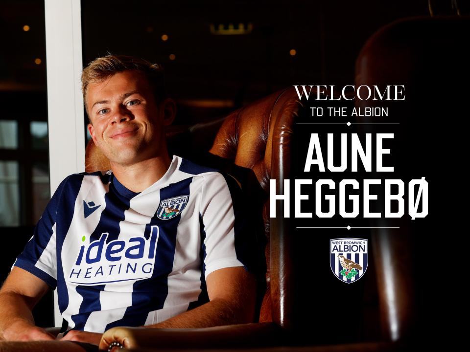 Aune Heggebø sat in a chair in an Albion shirt smiling at the camera with the words welcome to the Albion, Aune Heggebø written to the right 