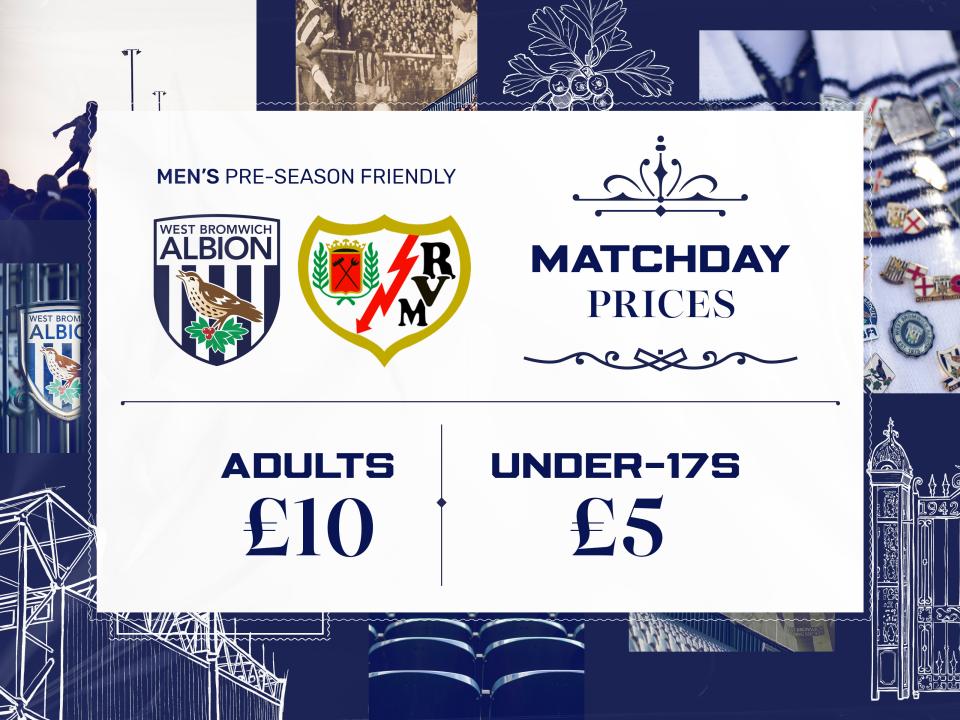 A ticket graphic for Albion's friendly against Rayo Vallecano