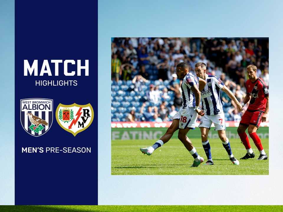 A match highlights graphic showing the badges of Albion and Rayo Vallecano and a photo of Karlan Grant