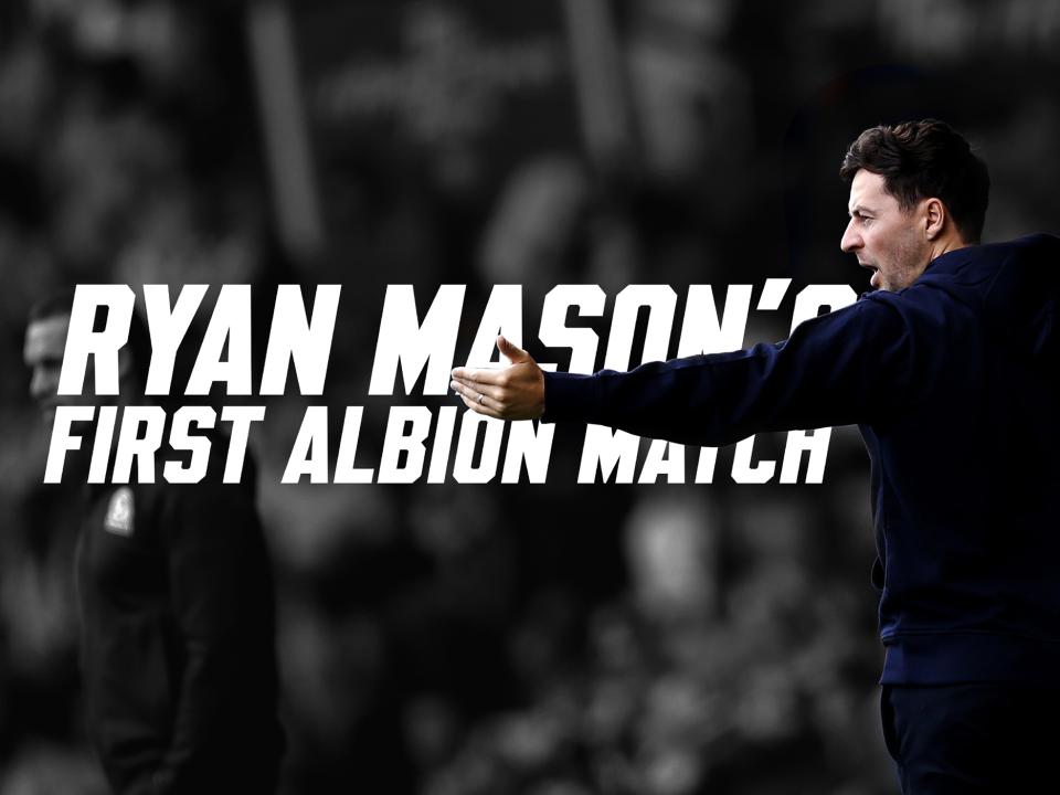 Ryan Mason with his arm outstretched with the words "Ryan Mason's first Albion match" written on