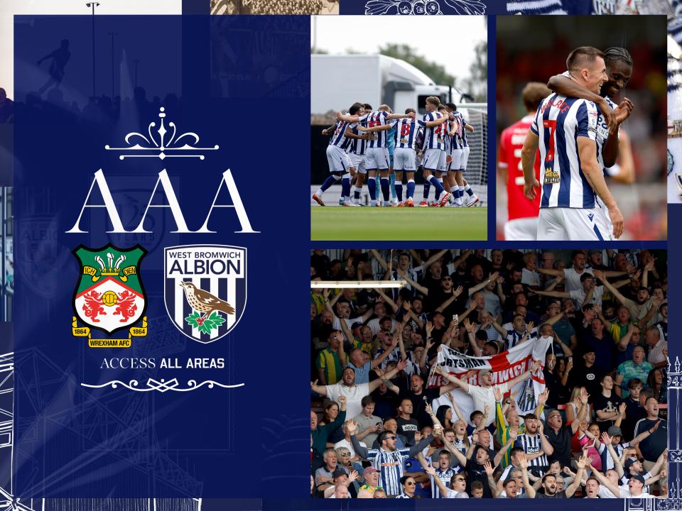 An AAA graphic, showing the badges of Wrexham and Albion, leading to a behind-the-scenes video from Albion's away win over Wrexham