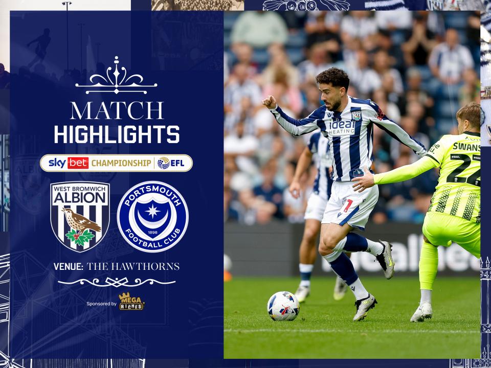 A machine highlights home graphic, showing the badge software Albion and Portsmouth, and an action shot of Mikey Johnston