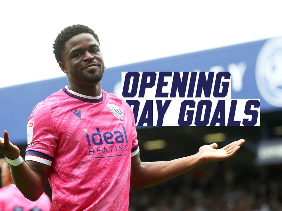 Josh Maja celebrating a goal in the pink away kit of 2024/25 with "opening day goals" written on