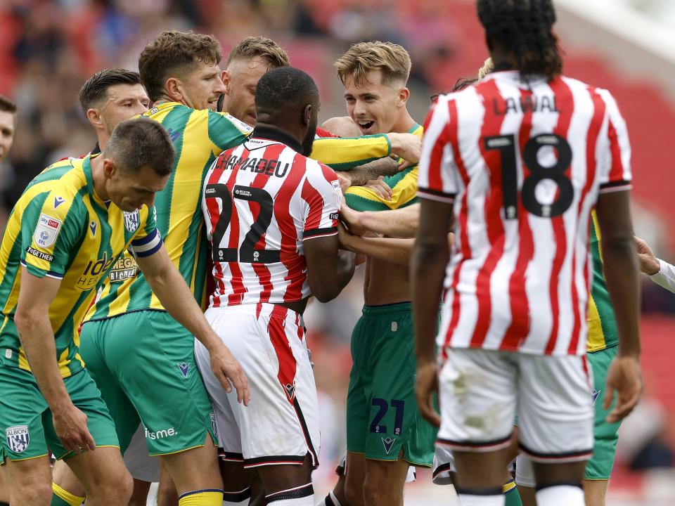 Several players in a scuffle during the Stoke WBA game