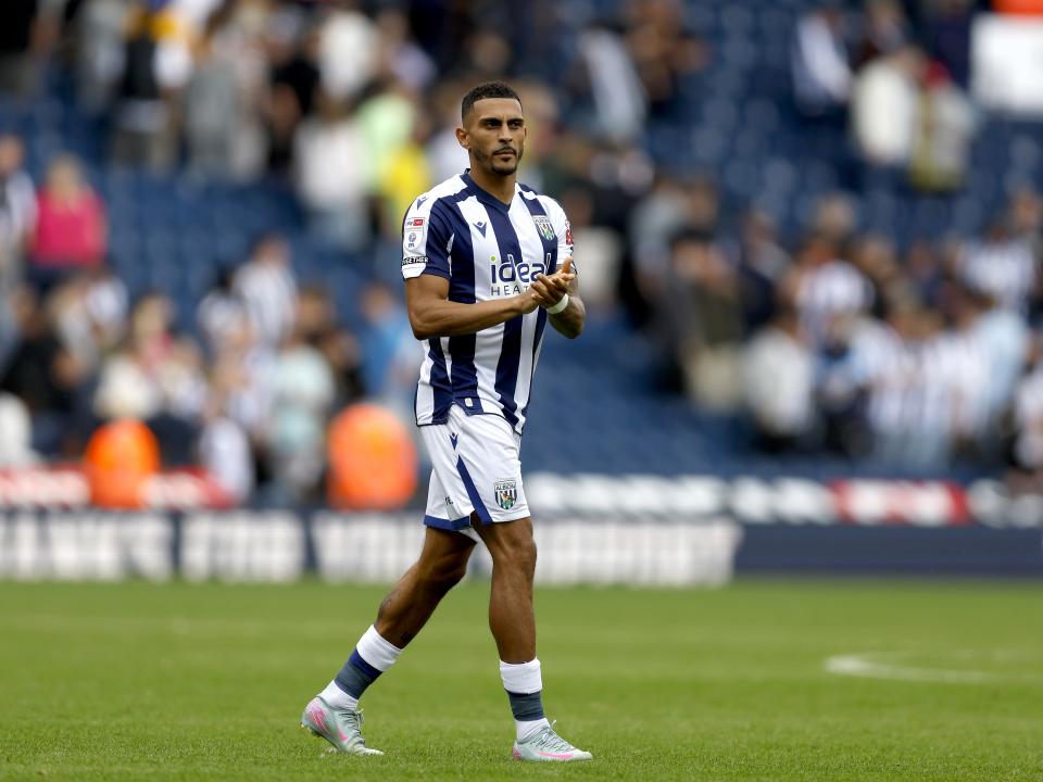 Karlan Grant applauding WBA fans after the win over Blackburn
