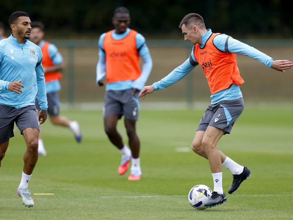 Jed Wallace on the ball during training 