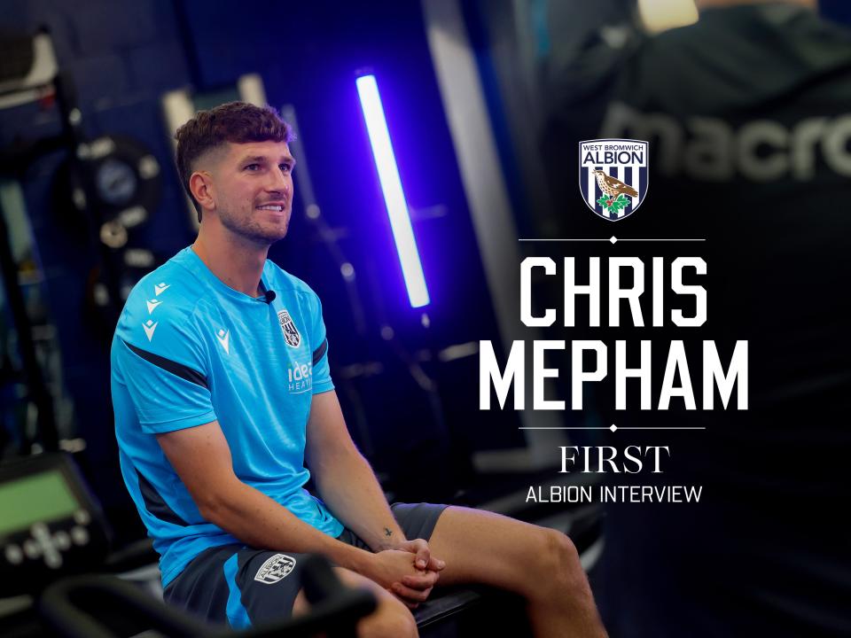 Chris Mepham is interviewed by WBA TV with 'Chris Mepham | First Albion Interview' written on