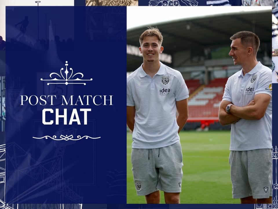 Albion post-match chat graphic with an image on of Isaac Price and Jed Wallace being interviewed 