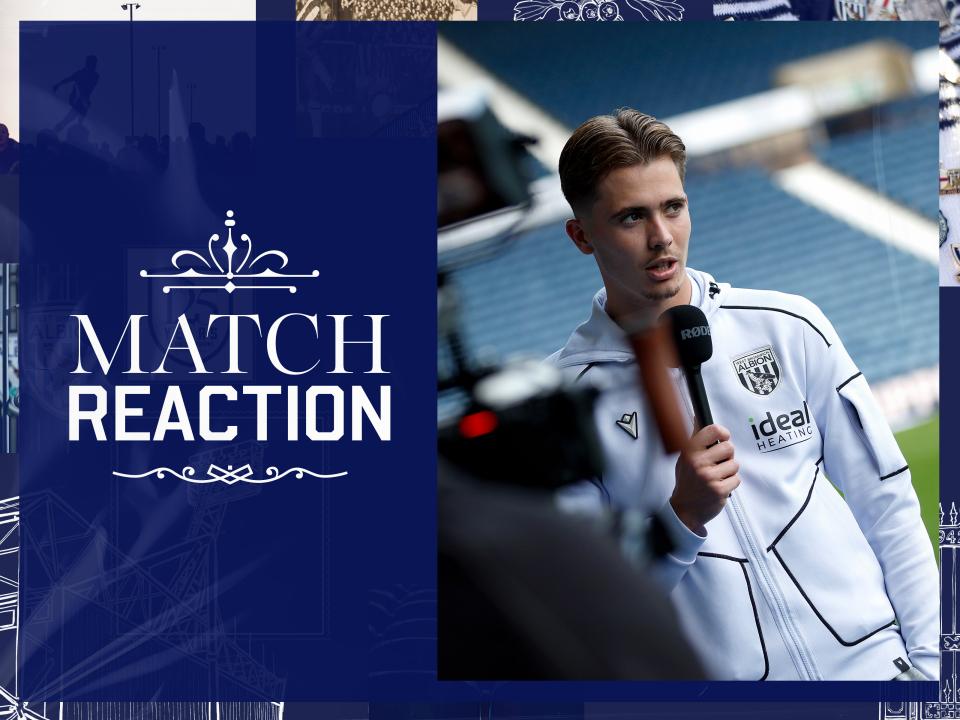 Home match reaction graphic with an image of Isaac Price being interviewed by WBA TV on 