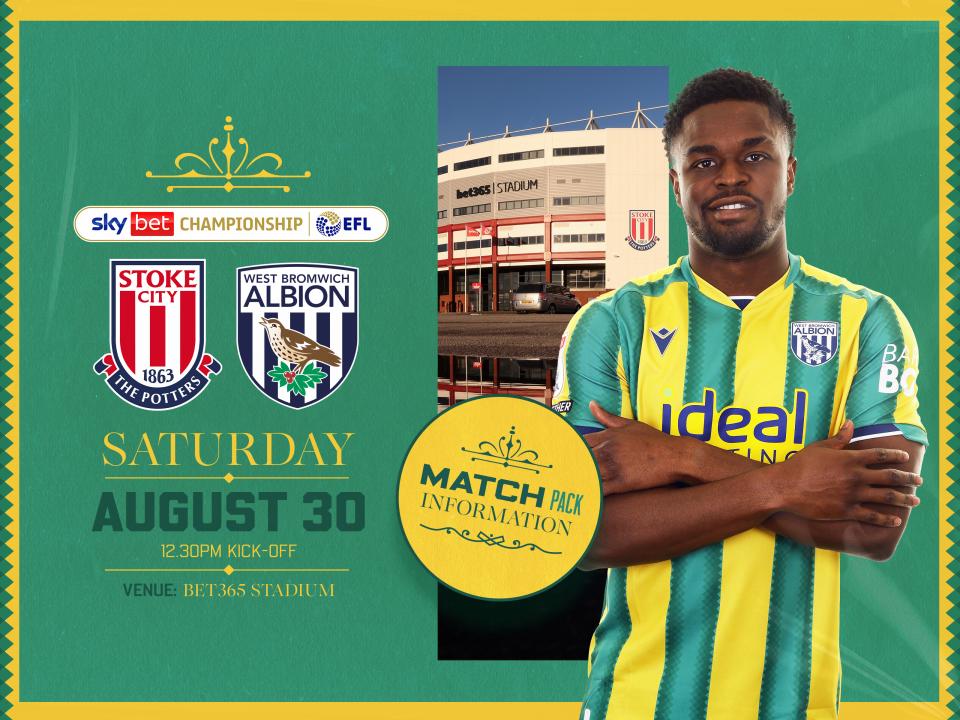 Away match pack graphic in green and yellow colours for Stoke game with both club badges on, an image of the bet365 Stadium and Josh Maja in the green and yellow kit smiling at the camera with his arms crossed 