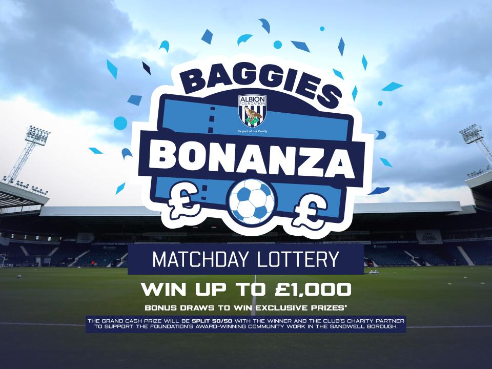 Baggies Bonanza graphic with The West Stand in the background.