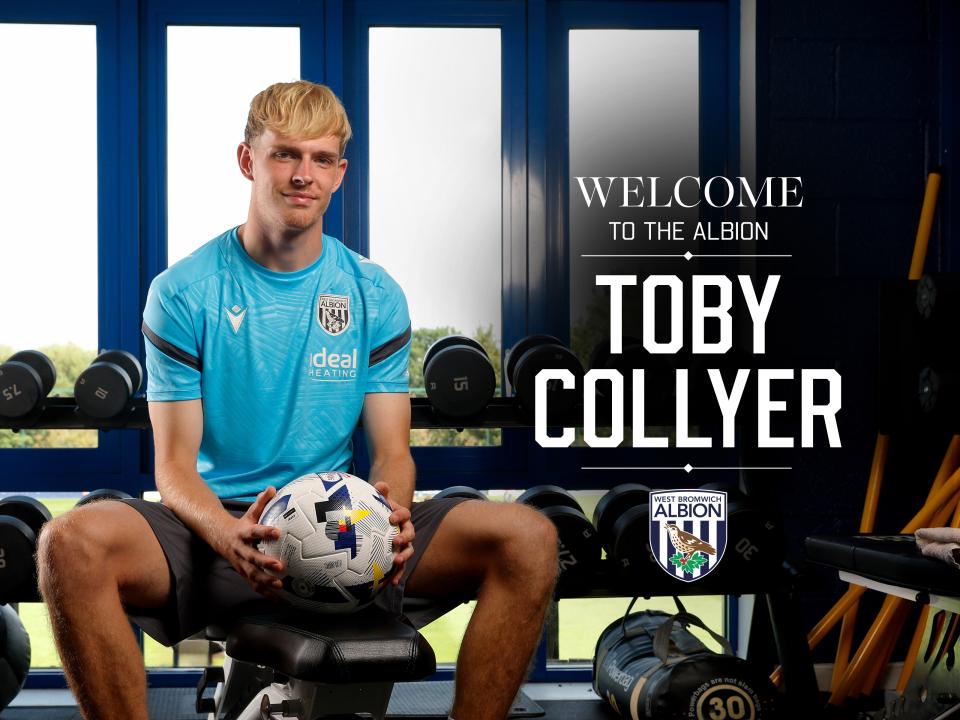 Toby Collyer sat in the gym holding a ball with 'welcome to Albion Toby Collyer' written next to the image