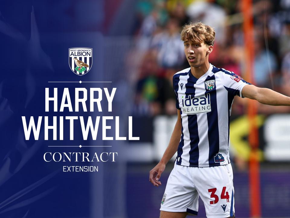 Harry Whitwell's contract extension graphic with an image of him in action for Albion in the home kit 