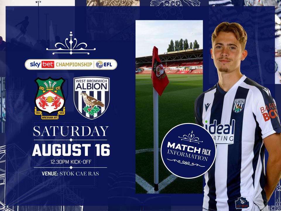 Home colours match pack graphic for Wrexham away with both club badges on, an image of Isaac Price smiling at the camera in a home shirt and an image of the Racecourse Ground