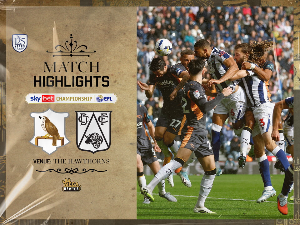 A match highlights graphic showing a photo of George Campbell heading a ball against Derby