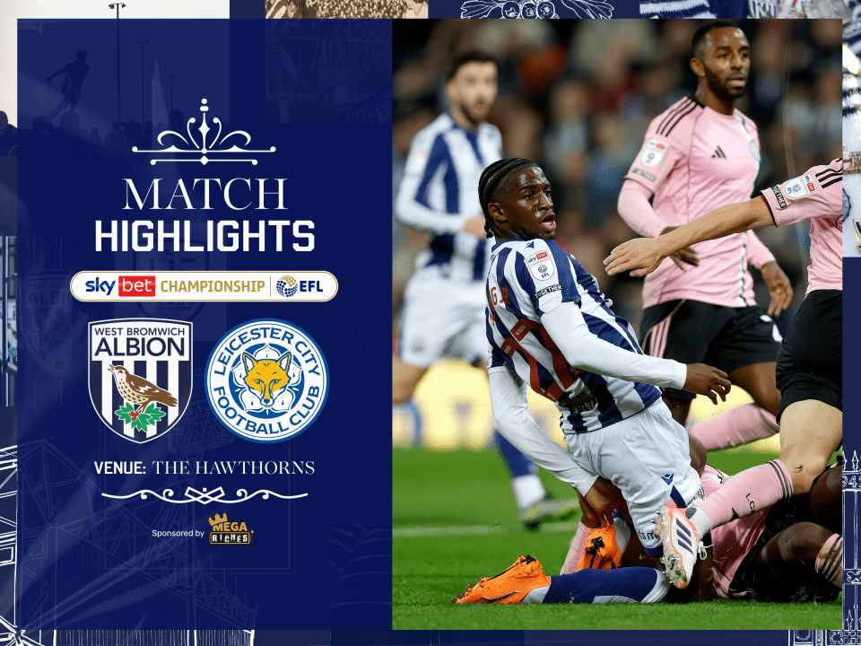 A match highlights graphic showing a photo of Samuel Iling-Junior and the badges of Albion and Leicester