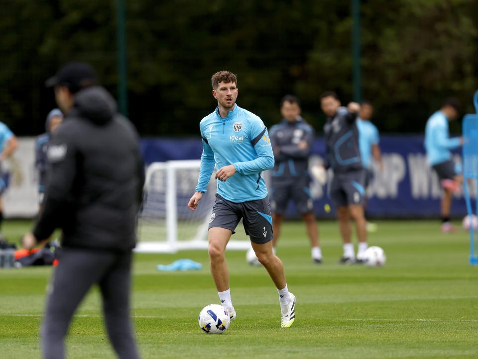 Chris Mepham on the ball during training