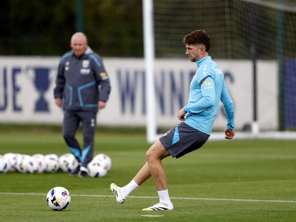 Chris Mepham on the ball during training 