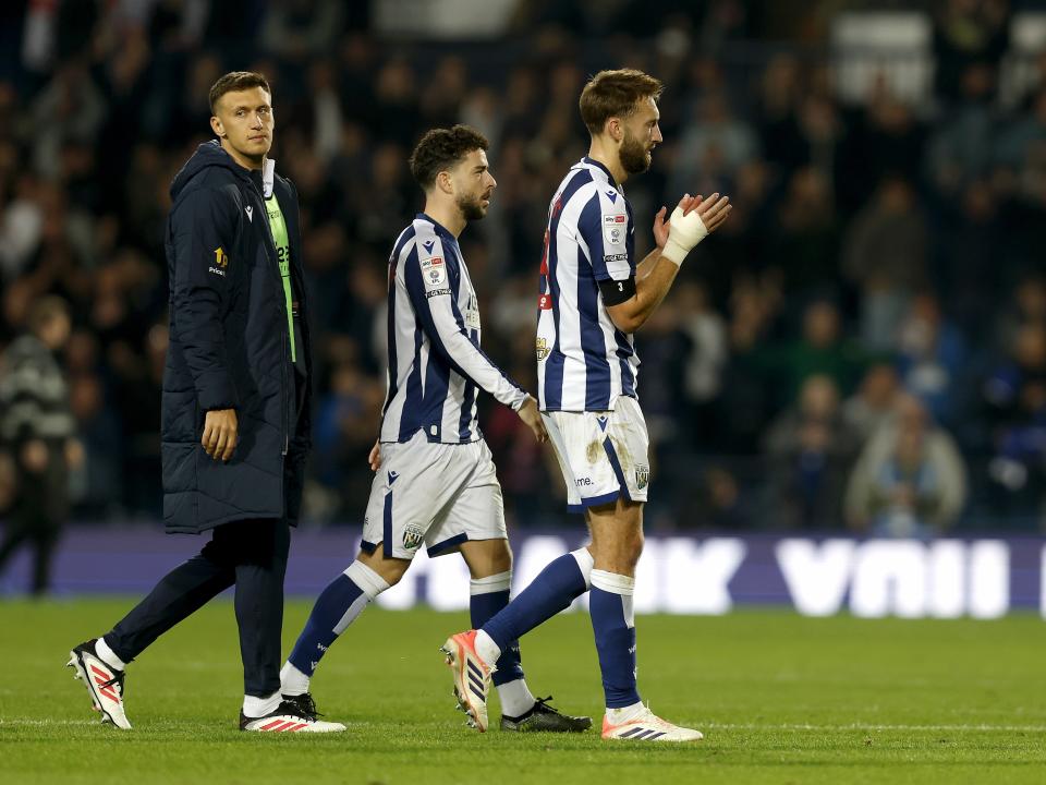Nat Phillips applauding WBA fans after the game with Leicester 