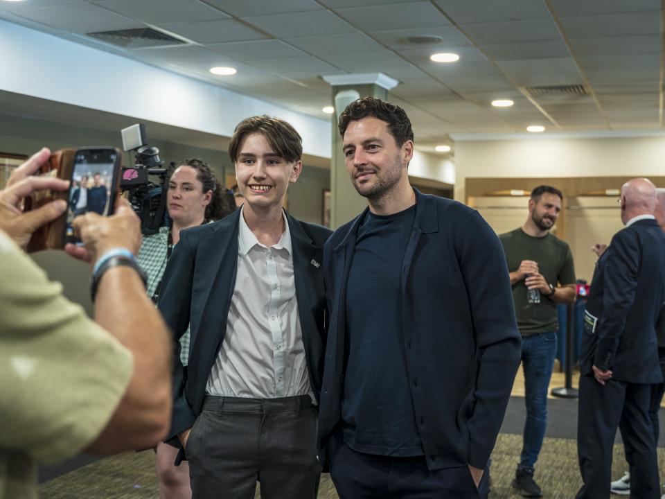 Ryan Mason posing for WBA fans in the East Stand