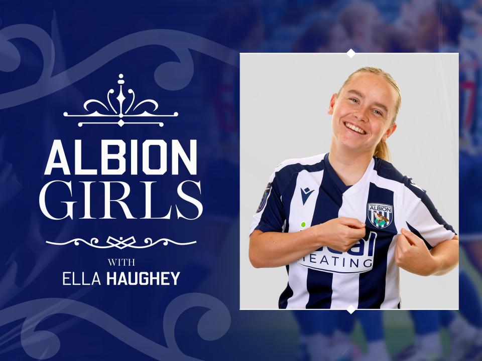 The Albion Girls graphic with an image on of Ella Haughey smiling at the camera in the home kit 