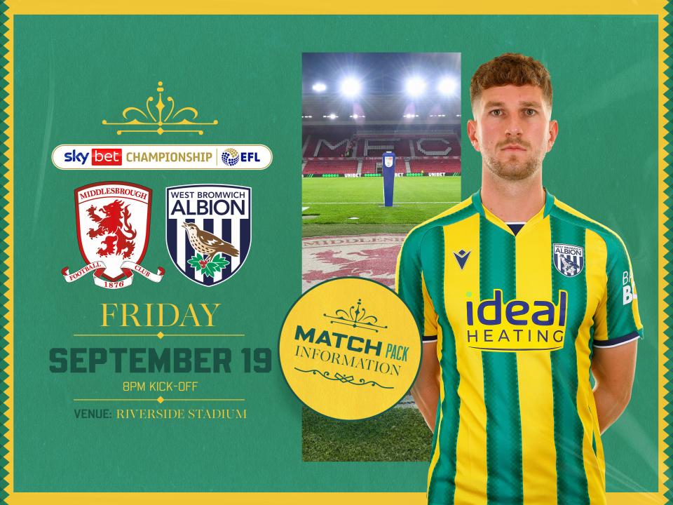 Away match pack graphic in green and yellow colours for Middlesbrough game with both club badges on, an image of the Riverside Stadium and Chris Mepham in the green and yellow kit looking at the camera 