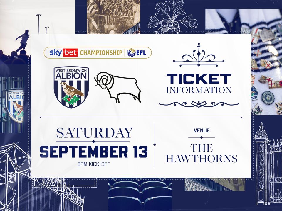 A ticket graphic displaying information for Albion's game against Derby County