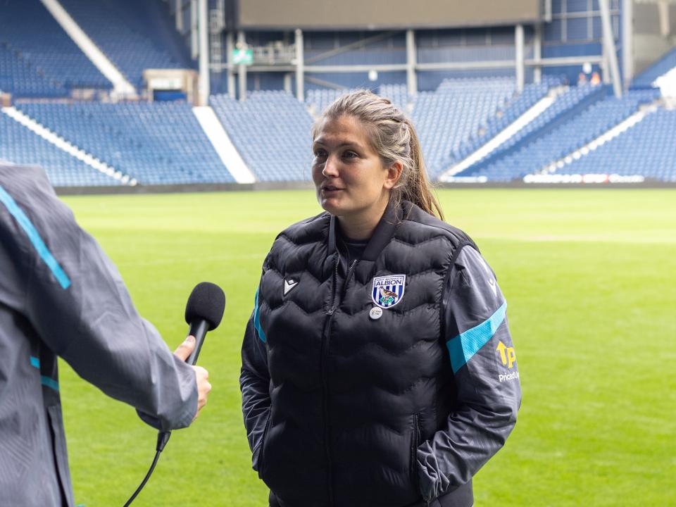 Siobhan Hodgetts-Still is interviewed after Albion Women's win over Leicester City PGA