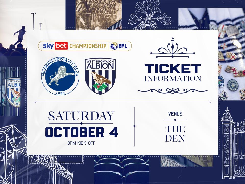 A ticket graphic displaying information for Albion's game against Millwall