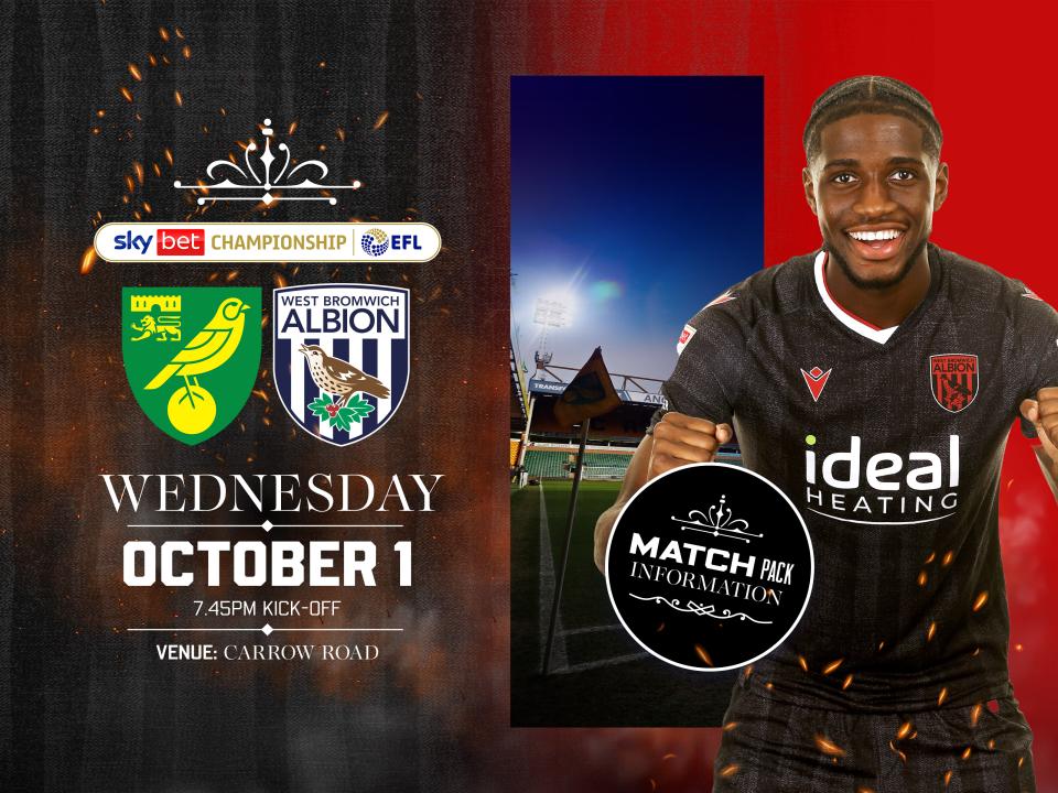 Away match pack graphic in black colours for Norwich game with both club badges on, an image of Carrow Road and Samuel Iling-Junior in the black kit smiling at the camera  
