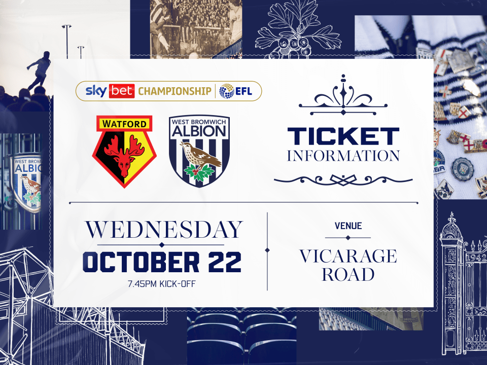 A graphic displaying ticket information for Albion's game at Watford
