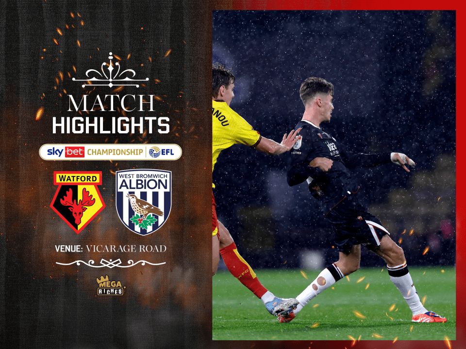 A match highlights graphic in the black 2025/26 away kit, showing a photo of Isaac Price and the badges of Watford and Albion