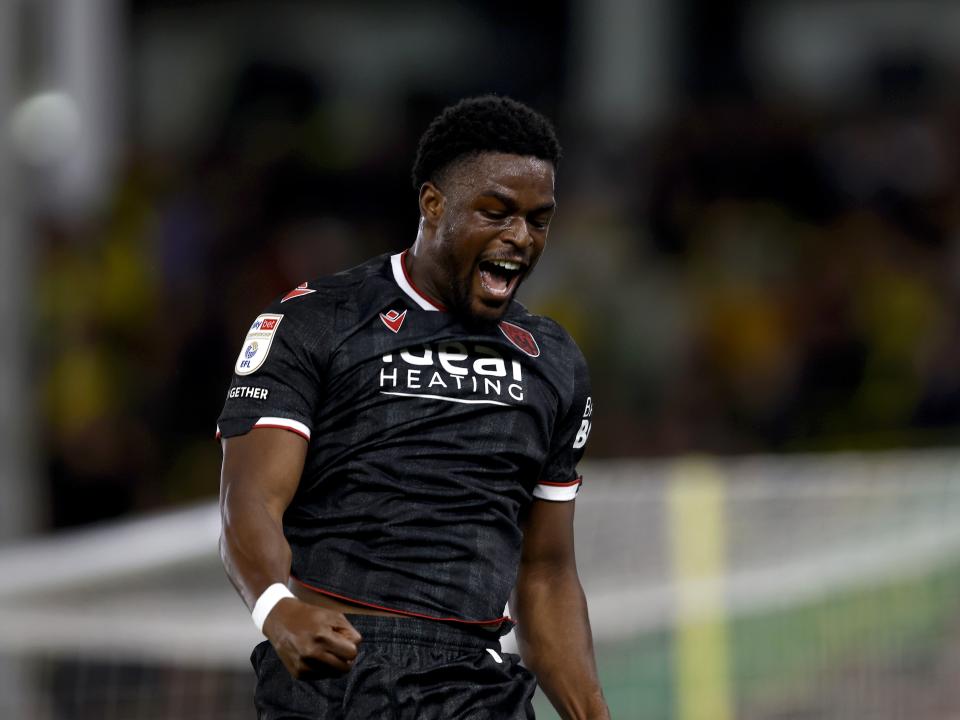 Josh Maja celebrates scoring against Norwich City