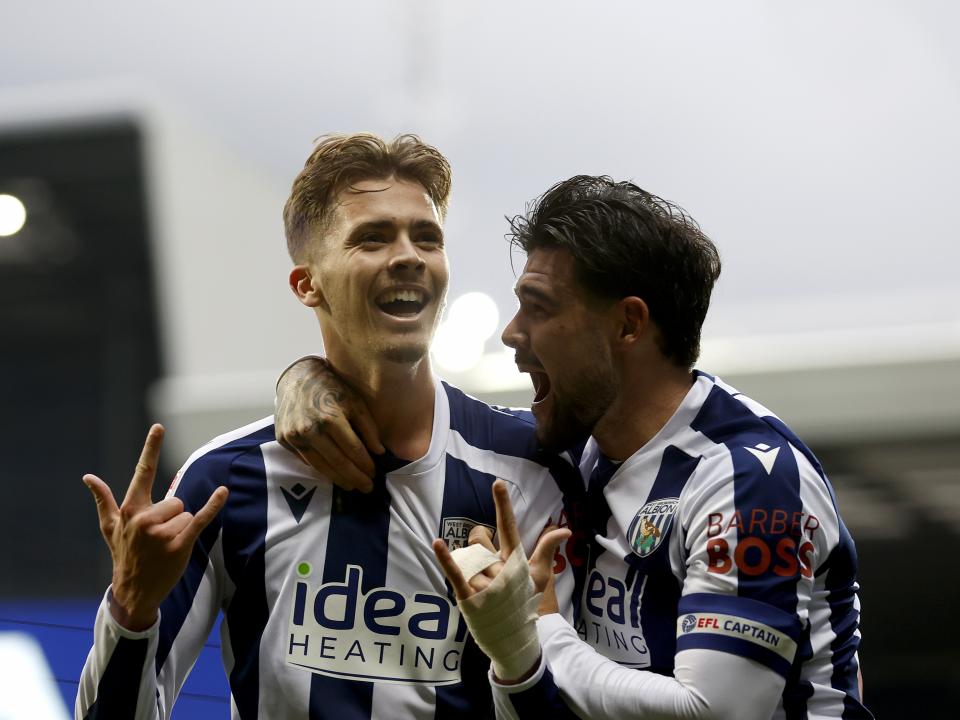 Isaac Price celebrates scoring against PNE with Alex Mowatt