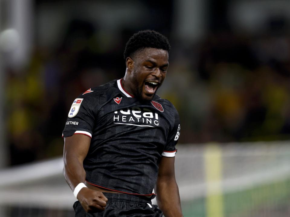 Josh Maja celebrates scoring against Norwich in the black away kit 