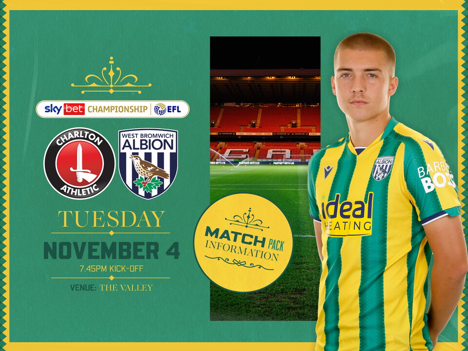 Away match pack graphic in green and yellow colours for Charlton game with both club badges on, an image of The Valley and Alfie Gilchrist in the green and yellow kit smiling at the camera  