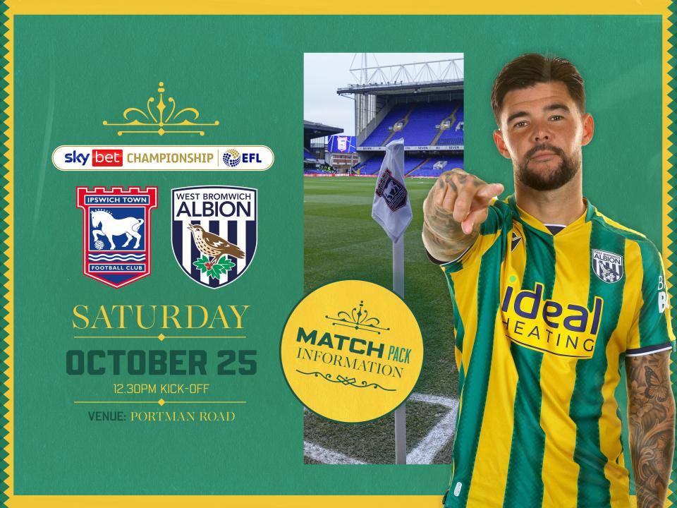 Away match pack graphic in green and yellow colours for Ipswich game with both club badges on, an image of Portman Road and Alex Mowatt in the green and yellow kit pointing at the camera