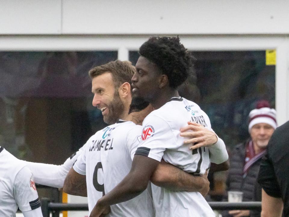 Michael Parker celebrates scoring for Hereford with team-mates