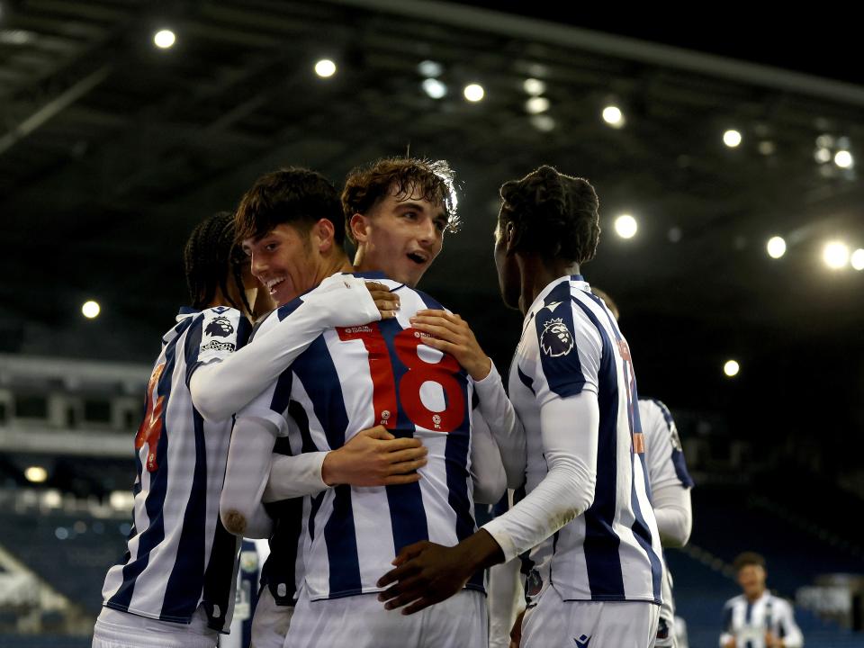 A photo of Albion PL2 players celebrating a goal at The Hawthorns