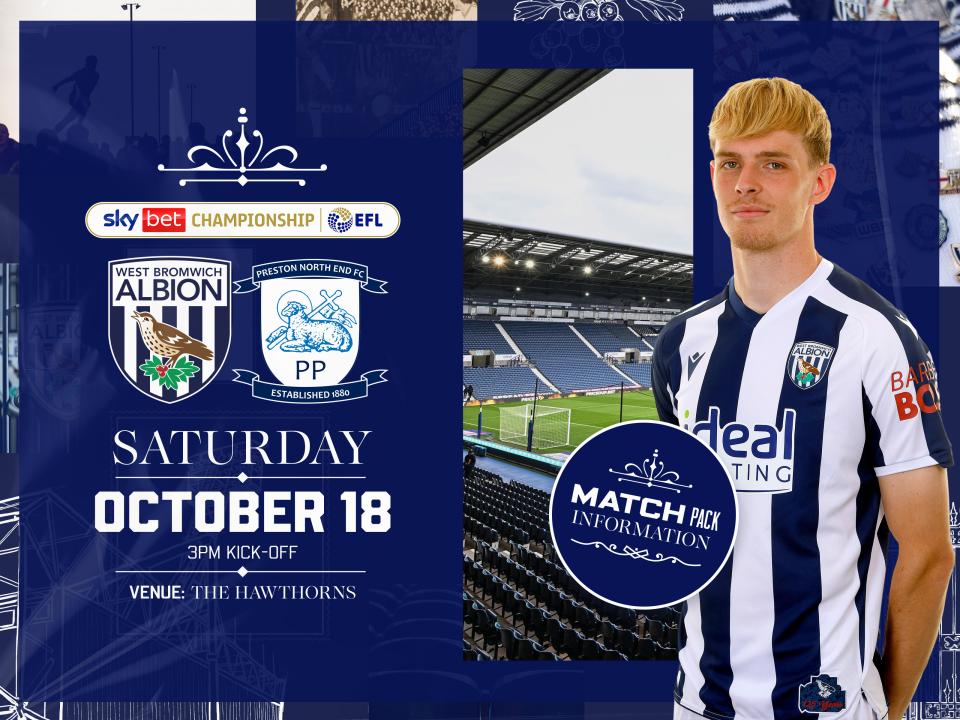 Home match pack graphic with WBA & PNE badges on with an image of Toby Collyer in the home kit smiling at the camera with an image of The Hawthorns on as well 