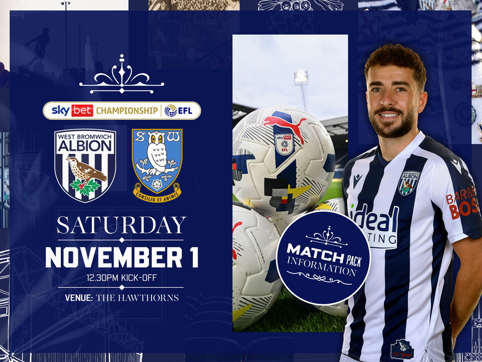 Home match pack graphic for Sheffield Wednesday fixture with both club badges on and an image of Mikey Johnston smiling at the camera while stood in the home kit and an image of three footballs on the pitch at The Hawthorns