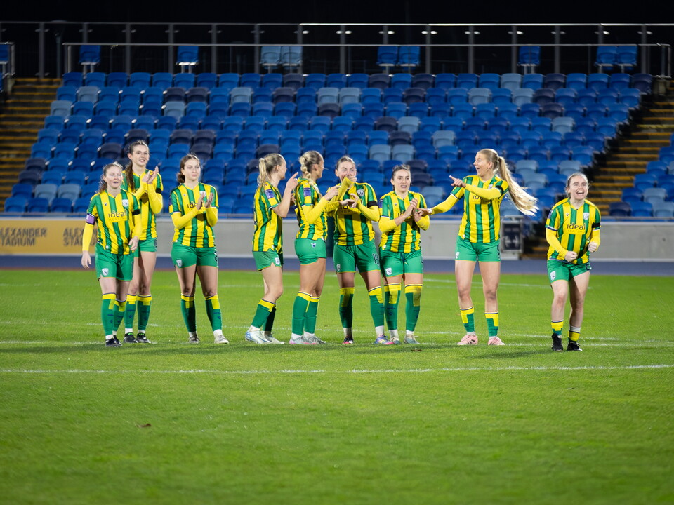 Albion Women celebrating their penalty shootout win against Leeds United.