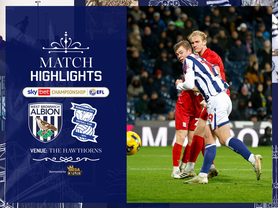 A match highlights graphic showing the badges of Albion and Birmingham, with a match action photo of Aune Heggebø included
